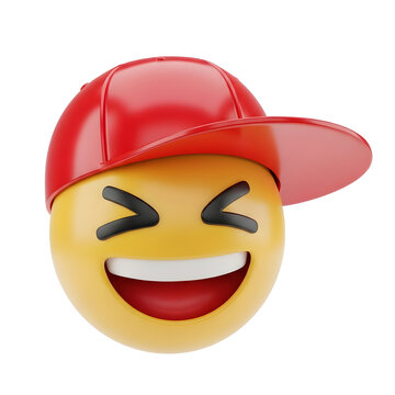 Funny laughing emoji face wearing a bright red baseball cap accessory