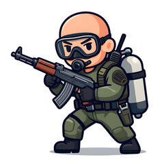 Naklejka premium A sturdy special forces soldier with a combat weapon, fully equipped in special combat gear. Cartoon mascot, illustration, clean lines, flat design, modern, high quality
