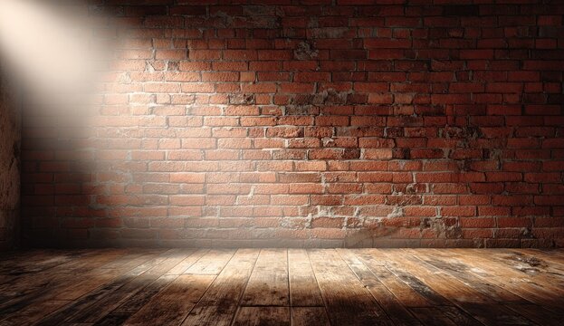 A weathered brick wall and worn wooden floor are illuminated by a bright, diffused spotlight