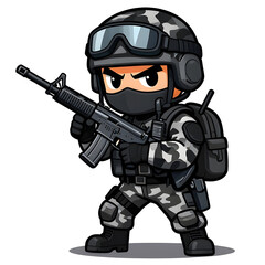 Naklejka premium A sturdy special forces soldier with a combat weapon, fully equipped in special combat gear. Cartoon mascot, illustration, clean lines, flat design, modern, high quality