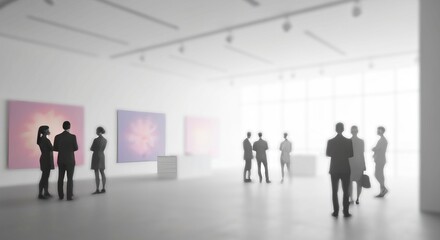 Fototapeta premium Abstracted Contemporary Art Exhibition with Subdued White Theme. Modern Hall Gallery View of People