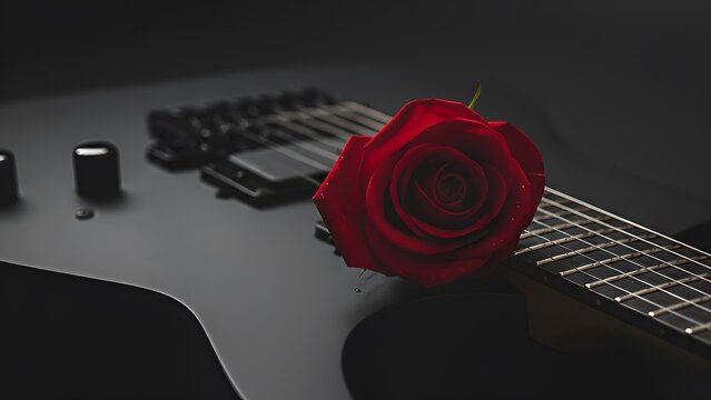Ciemna elegancja dźwięku - czarna gitara elektryczna z czerwoną r&oacute;żą leżącą na korpusie, symbolizująca połączenie pasji, mroku i romantyzmu w jednym kadrze