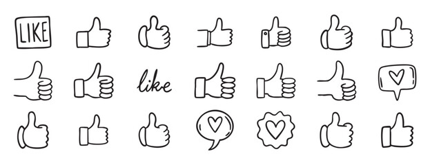 Thumbs up like doodle hand drawn icon set. Social media approval button. Hand gesture vector illustration for web design © Yanka