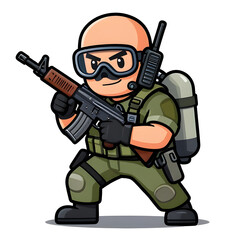 Naklejka premium A sturdy special forces soldier with a combat weapon, fully equipped in special combat gear. Cartoon mascot, illustration, clean lines, flat design, modern, high quality