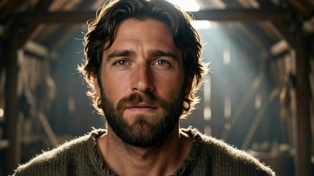 Noah Inside the Ark with Hopeful Calm Expression and Soft Light Filtering Through Wooden Beams