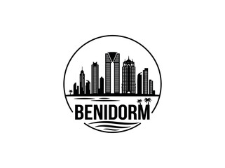Fototapeta premium Benidorm city of Spain stylized black and white skyline logo with iconic architecture