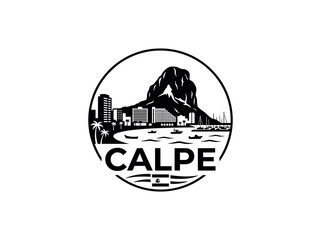 Calpe city of Spain stylized black and white skyline logo with iconic architecture