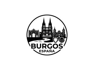 Obraz premium Burgos city of Spain stylized black and white skyline logo with iconic architecture