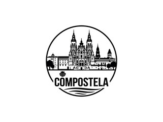Compostela city of Spain stylized black and white skyline logo with iconic architecture