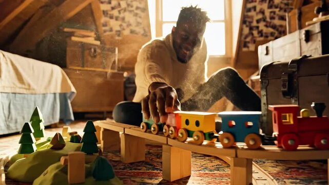 A man playing with a toy train set on a wooden bridge