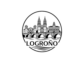 Obraz premium Logrono city of Spain stylized black and white skyline logo with iconic architecture