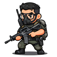 Naklejka premium A sturdy special forces soldier with a combat weapon, fully equipped in special combat gear. Cartoon mascot, illustration, clean lines, flat design, modern, high quality