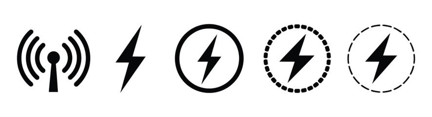 Energy power icon with lightning bolt. Speed, boost, and electricity symbol in black circle. Set of modern lightning bolt icons for energy concepts. 