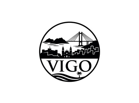 Vigo city of Spain stylized black and white skyline logo with iconic architecture