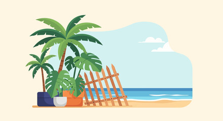 Obraz premium Tropical beach scene with potted plants and a wooden fence under a sky with clouds