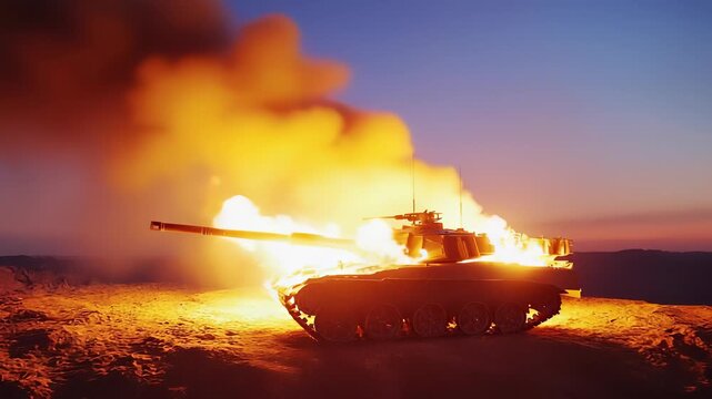 Military Tank Fires Missile During Desert Exercise, Demonstrating Modern Warfare Training and Advanced Weaponry Capabilities.