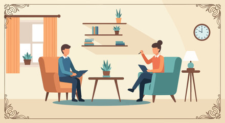 Two people in a room sitting in chairs, one appears to be a therapist