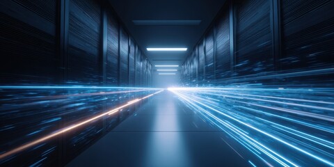 Fototapeta premium The data center aisle illuminated by dynamic blue and orange data light trails