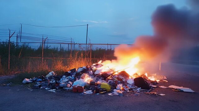 Illegal Dump Site with Scattered Trash and Debris on Rural Roadway, Environmental Pollution and Waste Management Concerns