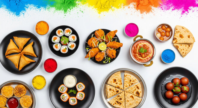 Assorted Indian Holi festival food like samosa, kachori, Puri bhaji, Pav Bhaji, Laddo, Sweets, Dahi vada, puranpoli, gujiya, gulab jamun with colorful ..