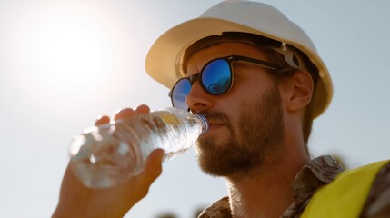 Young man in hard hat drinking water under sunlight outdoors  