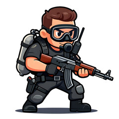 Naklejka premium A sturdy special forces soldier with a combat weapon, fully equipped in special combat gear. Cartoon mascot, illustration, clean lines, flat design, modern, high quality
