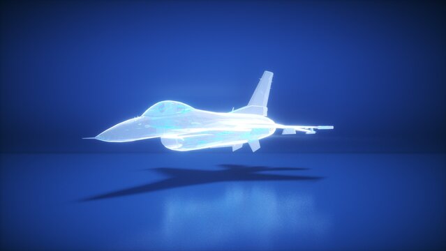 Glowing Holographic Jet Fighter in Futuristic Blue Background Casting Shadows on Reflective Surface with Advanced Technology and Luminous Effects for High Tech Atmosphere