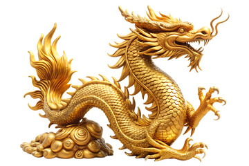 Fototapeta premium Intricate golden dragon statue with detailed scales and flame-like tail isolated on a transparent background