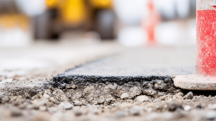 Naklejka premium Road repair close up of asphalt edge layer and construction cone reportage about road works.