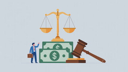 Businessman scales money gavel scales of justice dollar bills