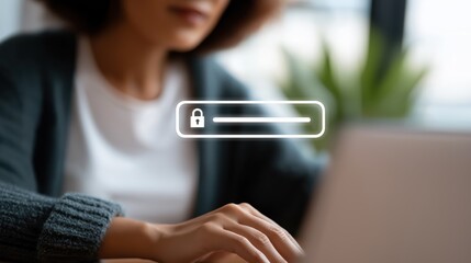 Woman typing on laptop with security lock symbol in office  