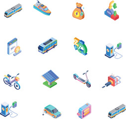 3D Isometric Set of Sustainable Energy and Eco Friendly Transport Icons