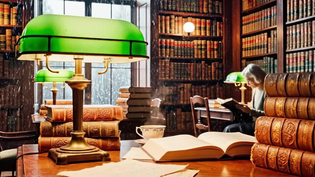 A wooden desk with stacks of old, worn books, a green lamp, and a coffee cup in a large library with dark wooden bookshelves