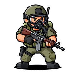Naklejka premium A sturdy special forces soldier with a combat weapon, fully equipped in special combat gear. Cartoon mascot, illustration, clean lines, flat design, modern, high quality