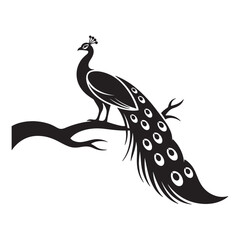 Peacock on Tree Logo Vector &ndash; Minimal Black Silhouette Icon