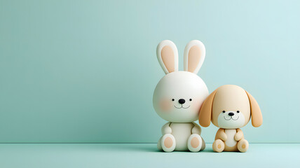 Obraz premium Adorable bunny and dog toys sitting together on pastel background