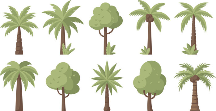 Cute jungle and coconut trees cartoon flat vector