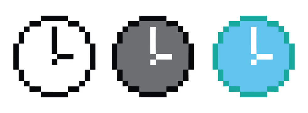 Pixel art watch. Pixel Art Clock Icon Showing Time Retro Style Vector.