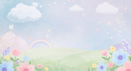 Watercolor drawing of a spring landscape with colorful flowers and a rainbow. Concept of childhood, dream, Easter, kindergarten backdrop.