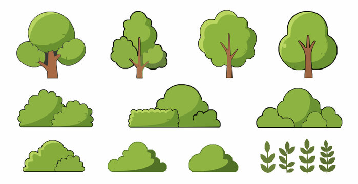 Cartoon green trees and bushes vector set for kids illustrations