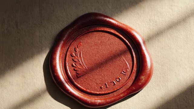 Close-up of a vintage red wax seal impression on textured paper, conveying authenticity, tradition, and historical significance.