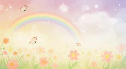 Naklejka premium Gentle watercolor background with rainbow, butterflies, and flowers. Dreamy spring landscape for greeting card or child theme.
