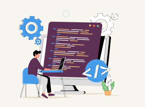 Flat Illustration of Software Developer Coding on Laptop. Programming, Web Development, and IT Engineering Concept.