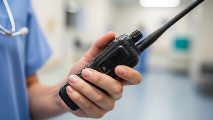 Close-up of a persons hand holding a black walkie-talkie device in a medical setting.