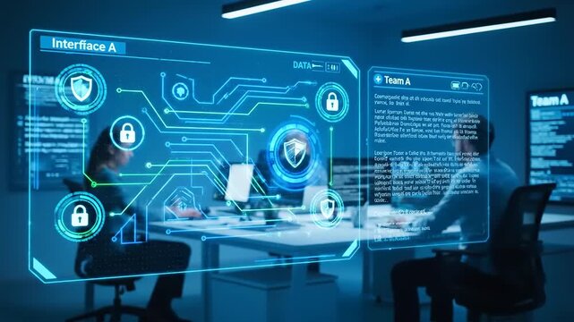 Digital security team working in a modern office with futuristic holographic interface displaying cybersecurity data and icons