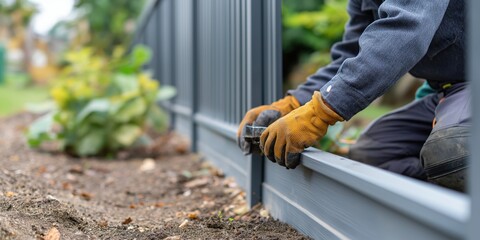 Man installing metal fence while crouched in garden with gloves  