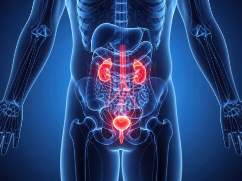 Illustration of the human body highlighting the urinary system and kidneys