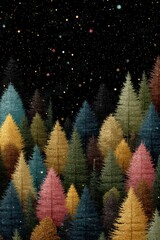 Fototapeta premium Colorful glittering Christmas trees under a starry night sky in a magical winter forest scene