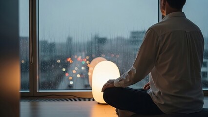 Man Contemplating City Lights Through Window with Illuminated Lamp at Dusk.