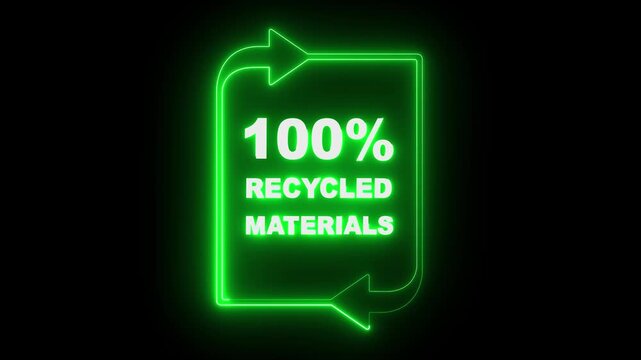 neon Recycled materials frame icon. Eco friendly concept represented by a 100% recycled materials icon sign, featuring recyclable material symbol, recycle icon arrows in frame, promoting zero waste.